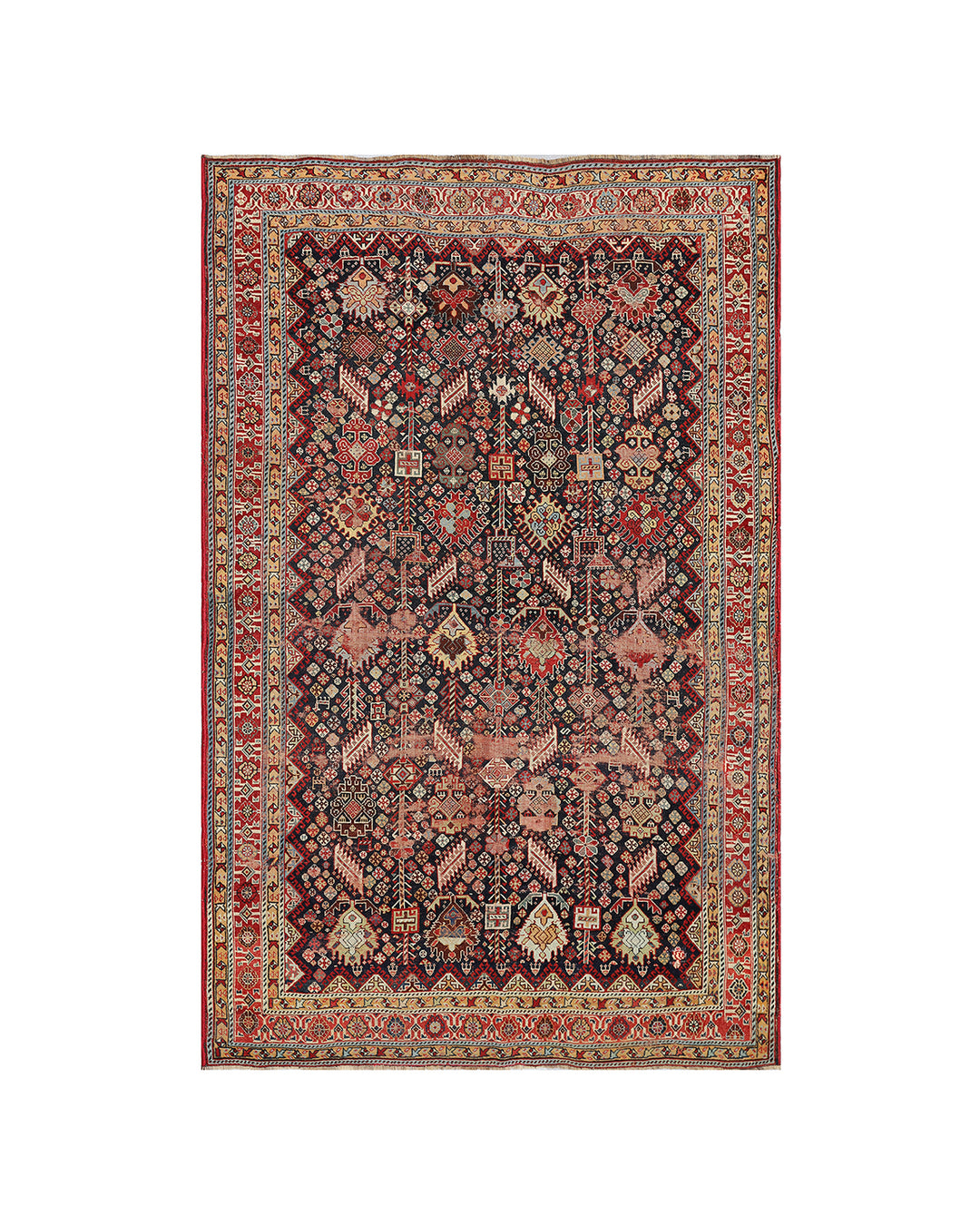 Unique 6x9 antique distressed Persian Qashqai tribal rug with navy background from a trusted dealer with over 45 years of experience.