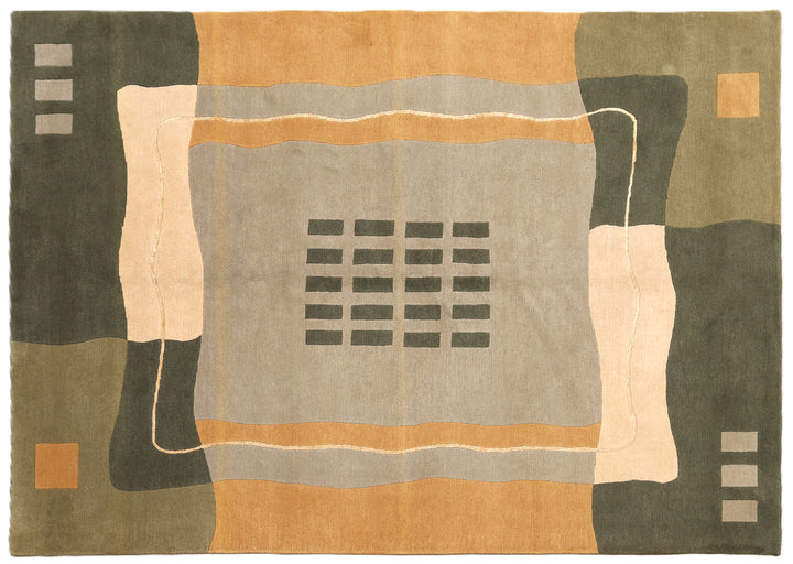 6x9 hand-knotted modern Arts and Crafts wool and silk geometric area rug in green, yellow, ivory, and grey
