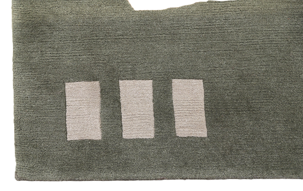 6x9 hand-knotted modern Arts and Crafts wool and silk geometric area rug in green, yellow, ivory, and grey