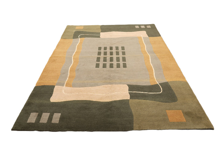 6x9 hand-knotted modern Arts and Crafts wool and silk geometric area rug in green, yellow, ivory, and grey