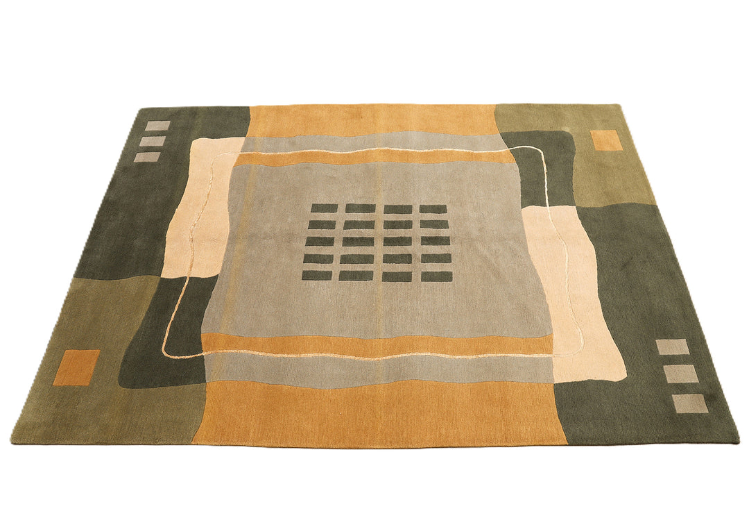 6x9 hand-knotted modern Arts and Crafts wool and silk geometric area rug in green, yellow, ivory, and grey