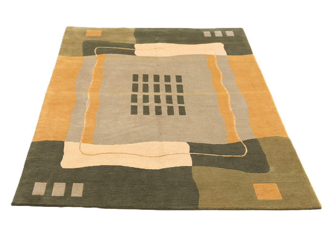 6x9 hand-knotted modern Arts and Crafts wool and silk geometric area rug in green, yellow, ivory, and grey