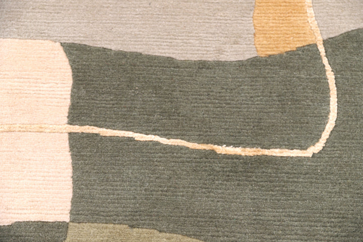6x9 hand-knotted modern Arts and Crafts wool and silk geometric area rug in green, yellow, ivory, and grey