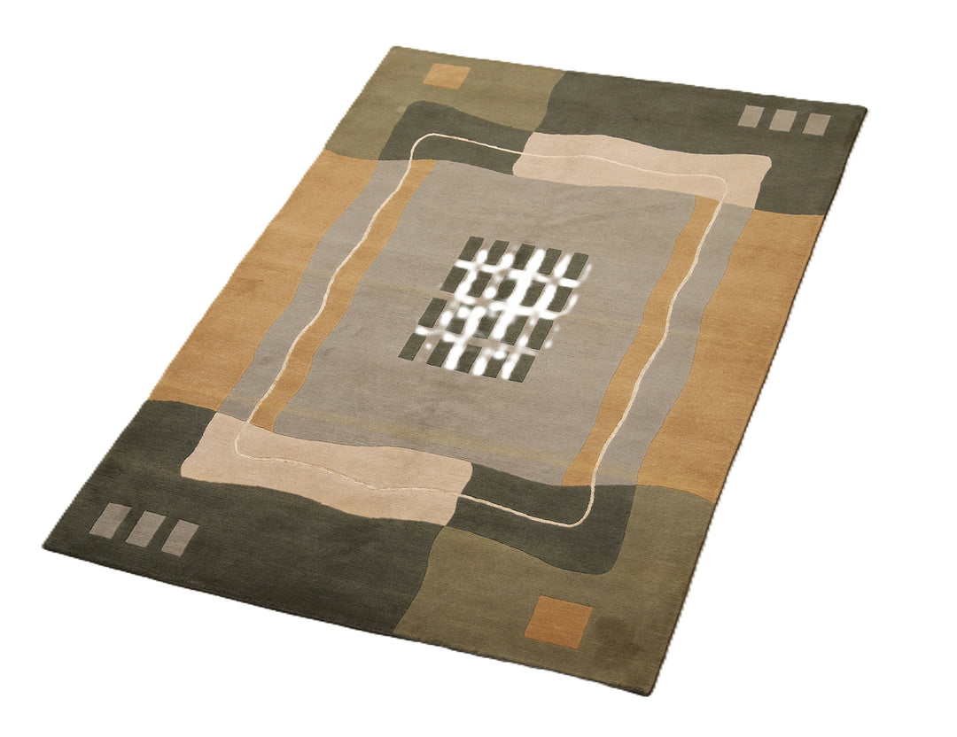 6x9 hand-knotted modern Arts and Crafts wool and silk geometric area rug in green, yellow, ivory, and grey