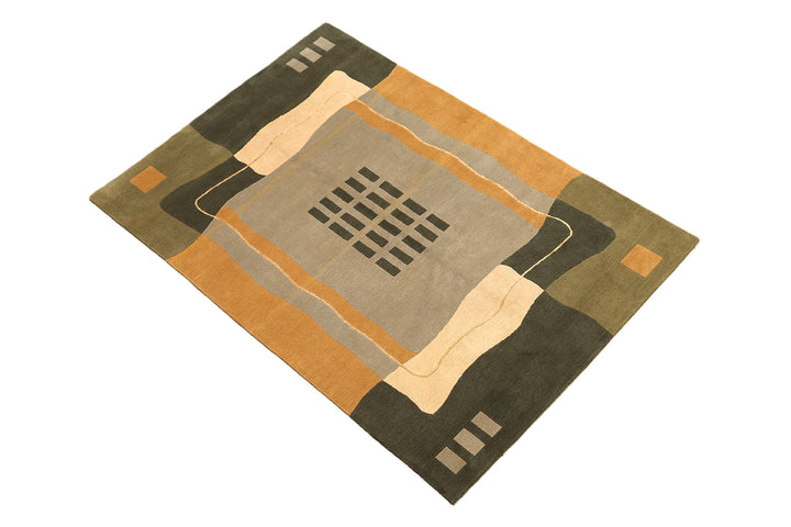 6x9 hand-knotted modern Arts and Crafts wool and silk geometric area rug in green, yellow, ivory, and grey