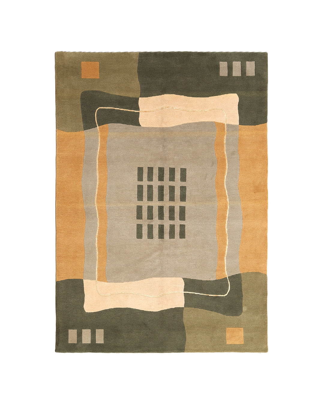 6x9 hand-knotted modern Arts and Crafts wool and silk geometric area rug in green, yellow, ivory, and grey