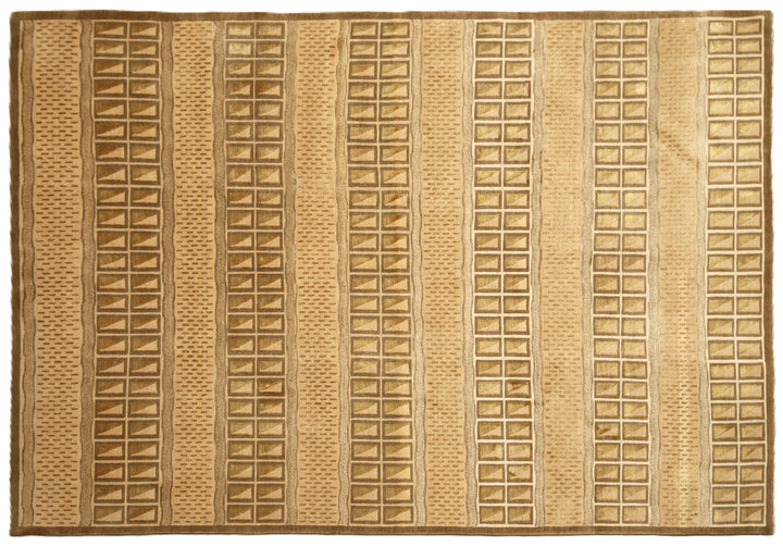 6x9 hand-knotted modern Tibetan wool and silk linear rug in gold and green featuring a plush cut pile with hand-carved geometric lines