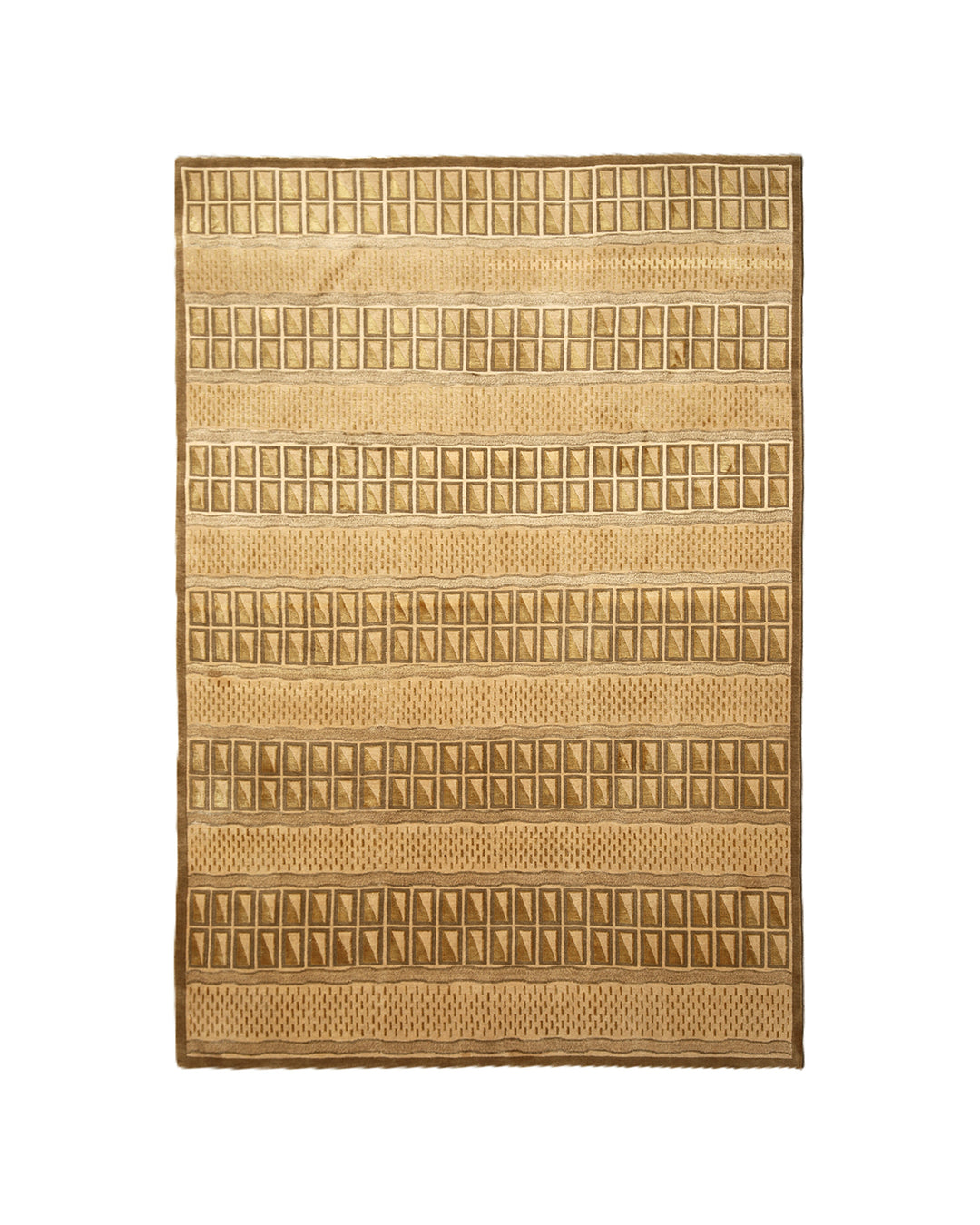 6x9 hand-knotted modern Tibetan wool and silk linear rug in gold and green featuring a plush cut pile with hand-carved geometric lines