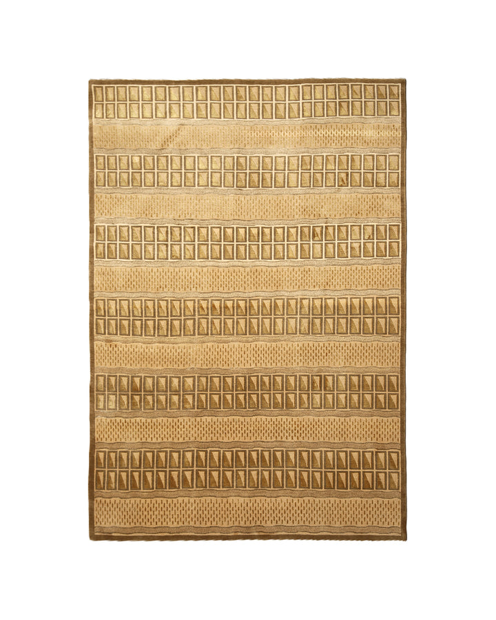6x9 hand-knotted modern Tibetan wool and silk linear rug in gold and green featuring a plush cut pile with hand-carved geometric lines