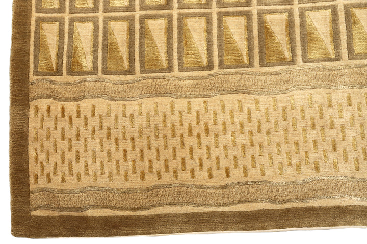 6x9 hand-knotted modern Tibetan wool and silk linear rug in gold and green featuring a plush cut pile with hand-carved geometric lines