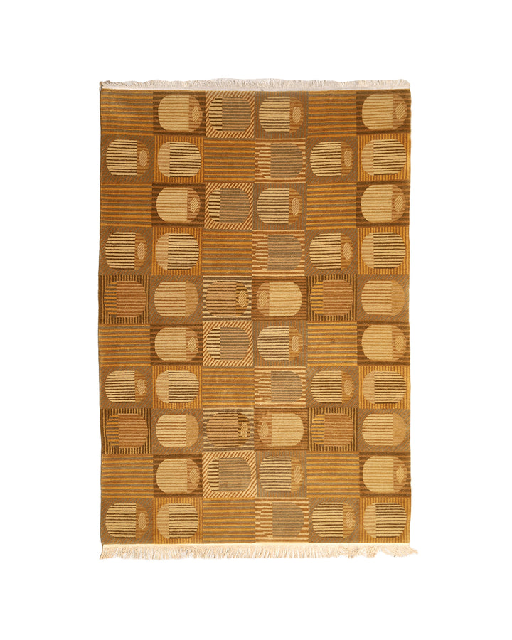 6x9 hand-knotted modern Tibetan wool and silk geometric rug in gold and green featuring a textured cut and loop pile