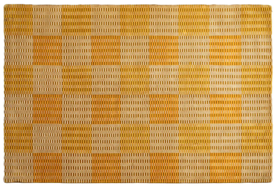 6x9 hand-knotted modern Tibetan wool and silk geometric rug in gold, yellow, orange, and brown with a textured cut and loop pile