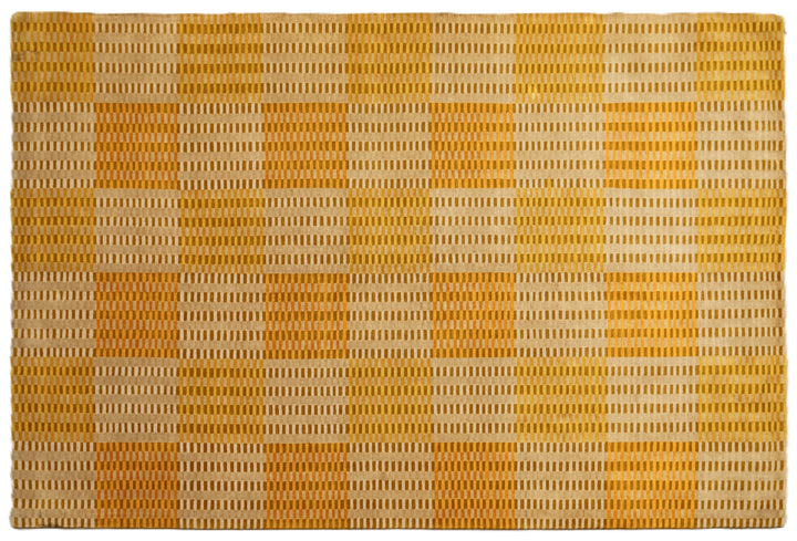 6x9 hand-knotted modern Tibetan wool and silk geometric rug in gold, yellow, orange, and brown with a textured cut and loop pile
