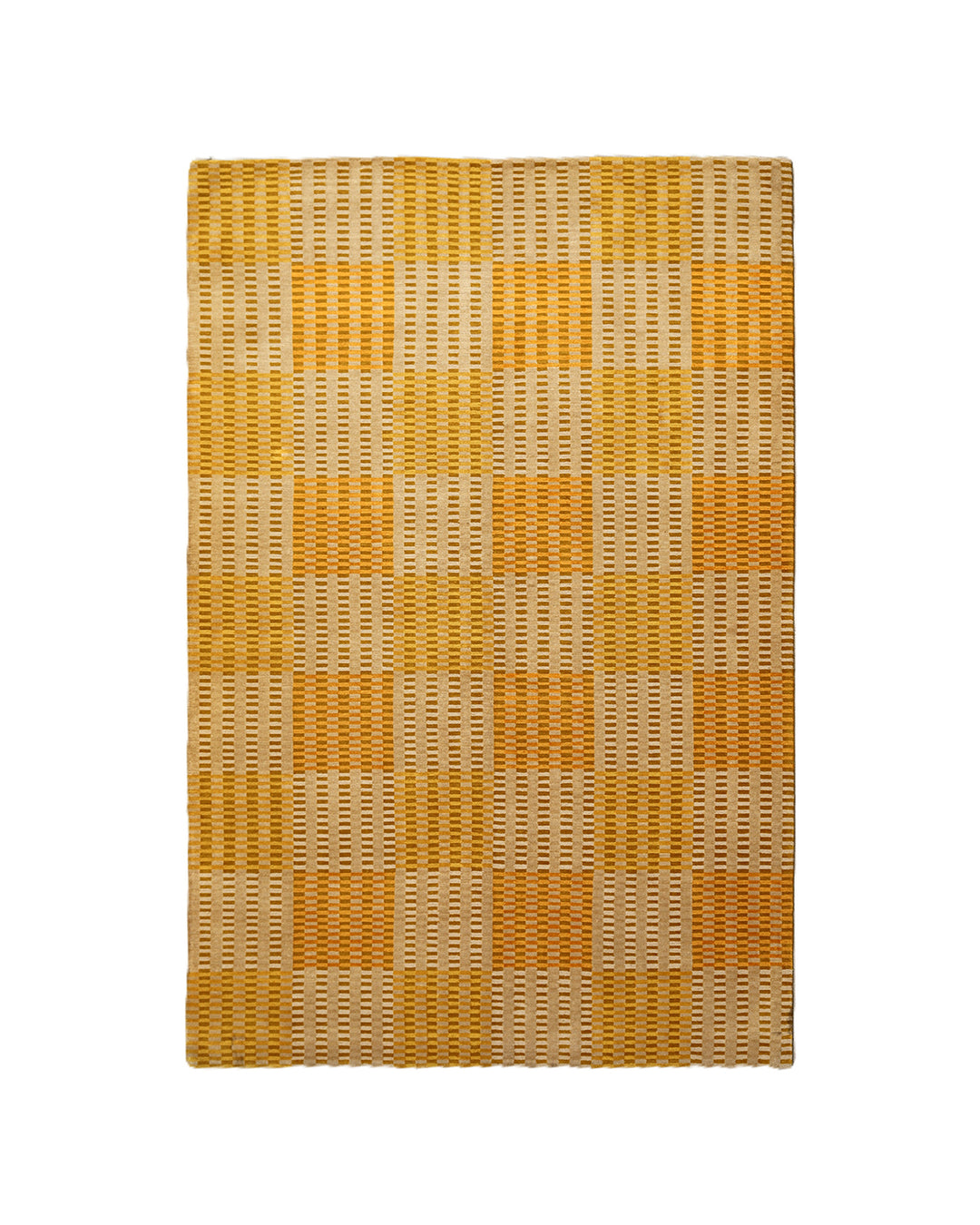 6x9 hand-knotted modern Tibetan wool and silk geometric rug in gold, yellow, orange, and brown with a textured cut and loop pile