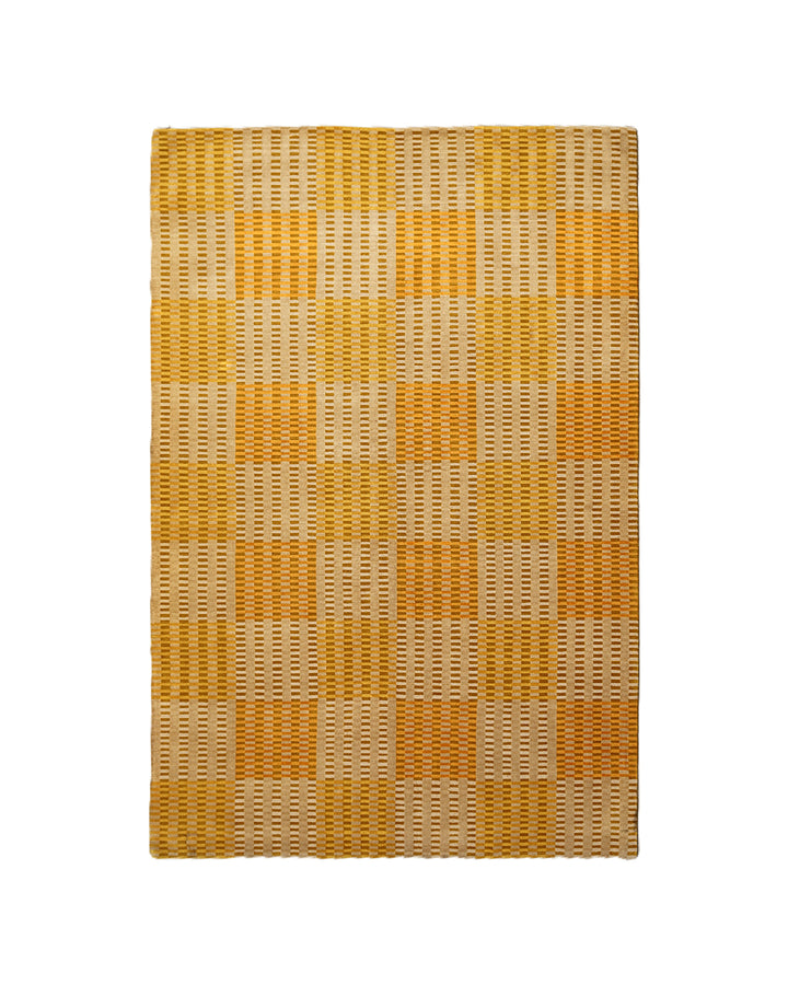 6x9 hand-knotted modern Tibetan wool and silk geometric rug in gold, yellow, orange, and brown with a textured cut and loop pile