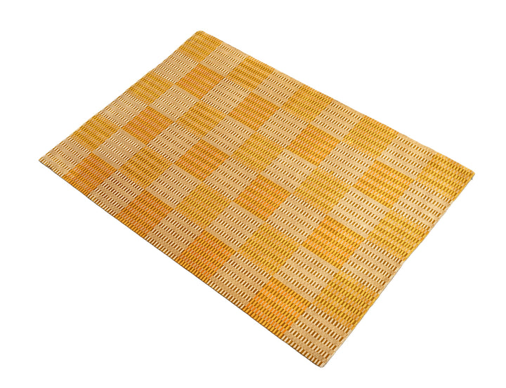 6x9 hand-knotted modern Tibetan wool and silk geometric rug in gold, yellow, orange, and brown with a textured cut and loop pile