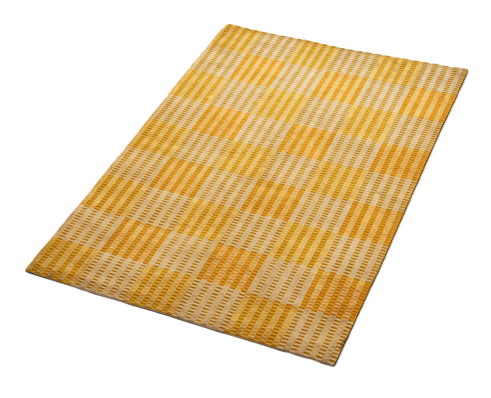 6x9 hand-knotted modern Tibetan wool and silk geometric rug in gold, yellow, orange, and brown with a textured cut and loop pile