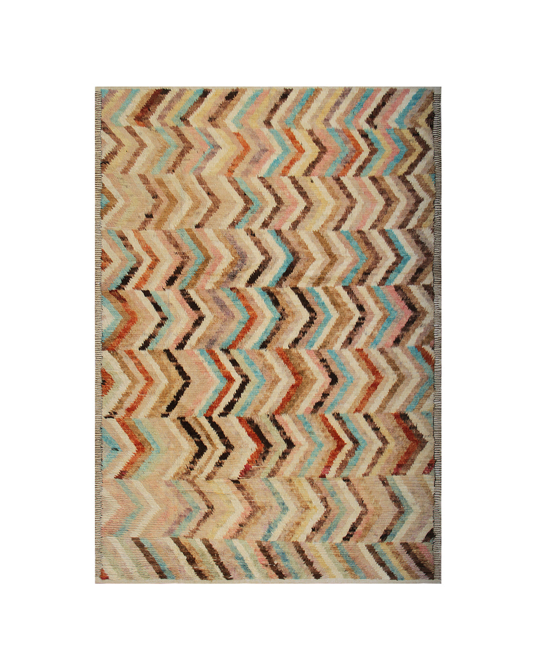 Hand-crafted 8'9" x 6'3" Moroccan-style plush shag wool area rug featuring a beige tan base with vibrant turquoise, pink, and red zigzag patterns.