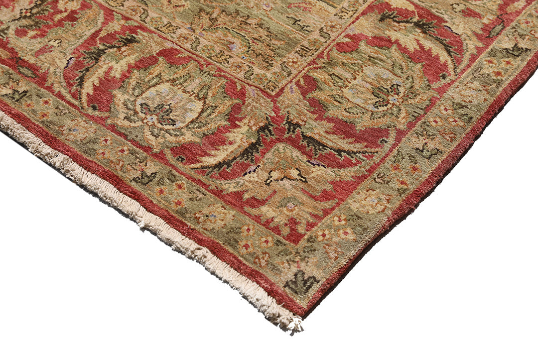 6'x9' New Indian Ziegler Design Rug – Hand-Knotted Agra Style in Green & Red