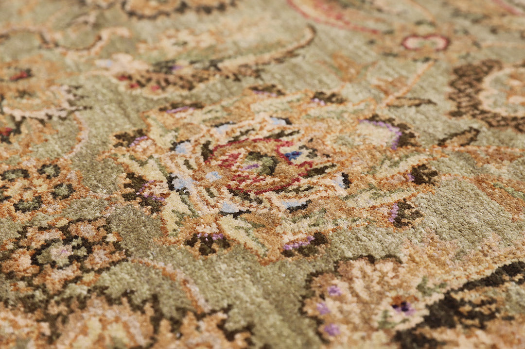 6'x9' New Indian Ziegler Design Rug – Hand-Knotted Agra Style in Green & Red