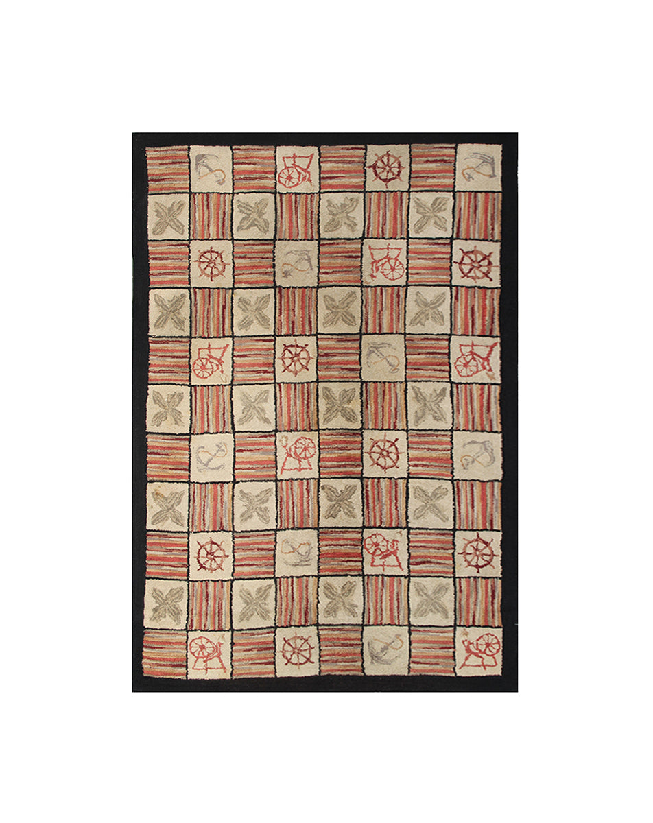 Patterned rug with geometric design on a white background