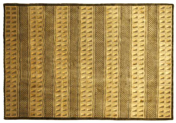 6'x9' Hand-Knotted Modern Tibetan Wool & Silk Carved Linear Rug | Gold & Green
