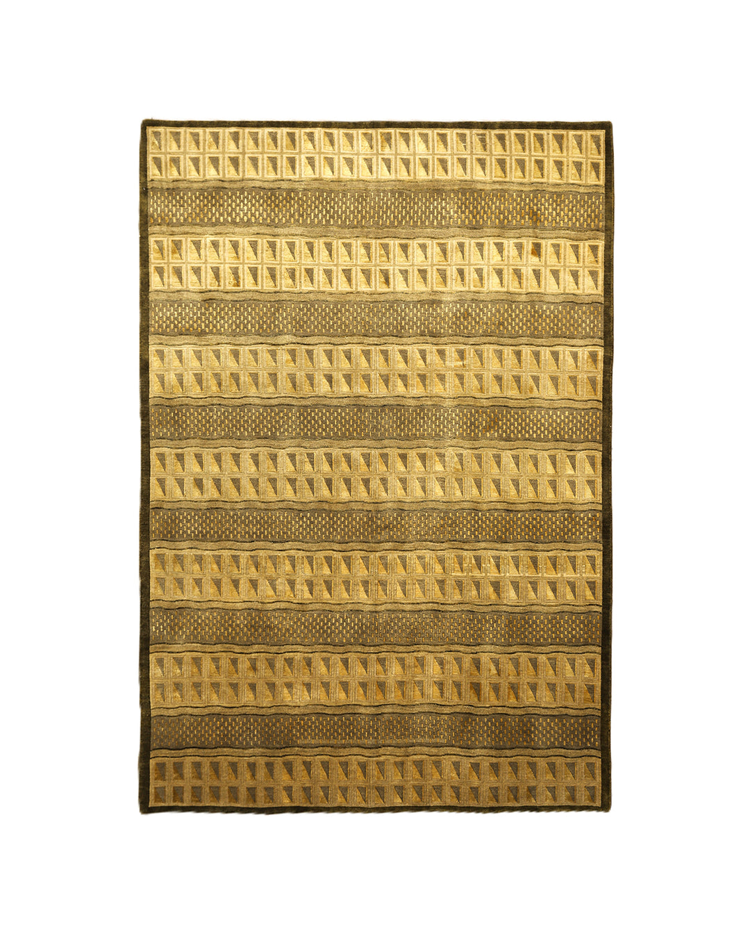 6'x9' Hand-Knotted Modern Tibetan Wool & Silk Carved Linear Rug | Gold & Green