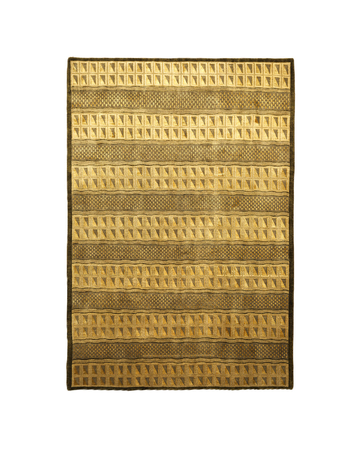 6'x9' Hand-Knotted Modern Tibetan Wool & Silk Carved Linear Rug | Gold & Green