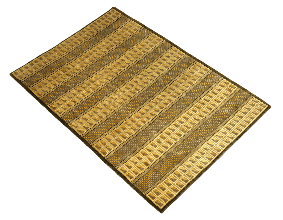 6'x9' Hand-Knotted Modern Tibetan Wool & Silk Carved Linear Rug | Gold & Green