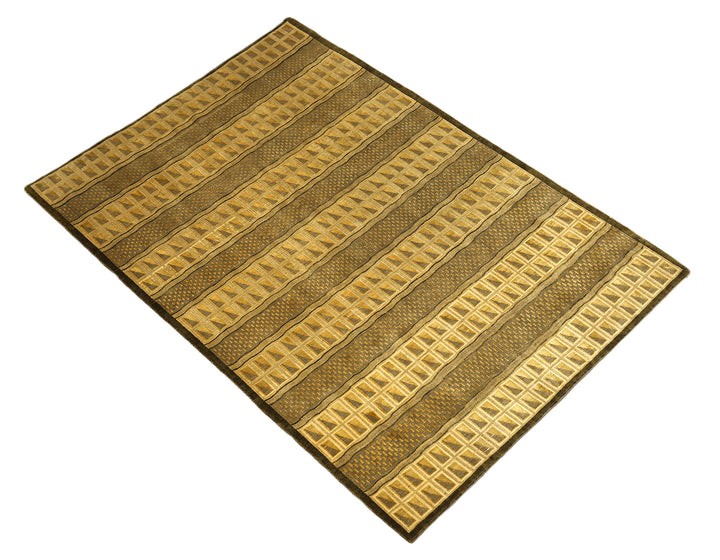 6'x9' Hand-Knotted Modern Tibetan Wool & Silk Carved Linear Rug | Gold & Green
