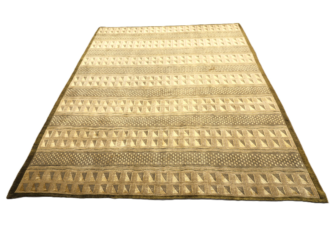6'x9' Hand-Knotted Modern Tibetan Wool & Silk Carved Linear Rug | Gold & Green