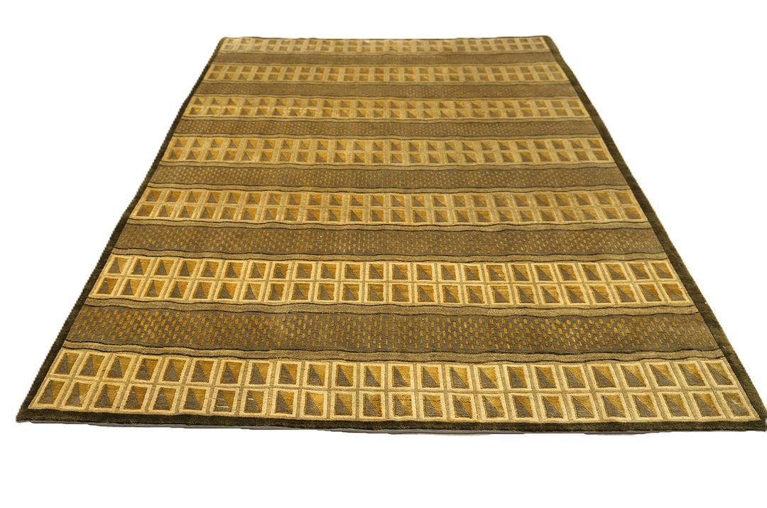 6'x9' Hand-Knotted Modern Tibetan Wool & Silk Carved Linear Rug | Gold & Green