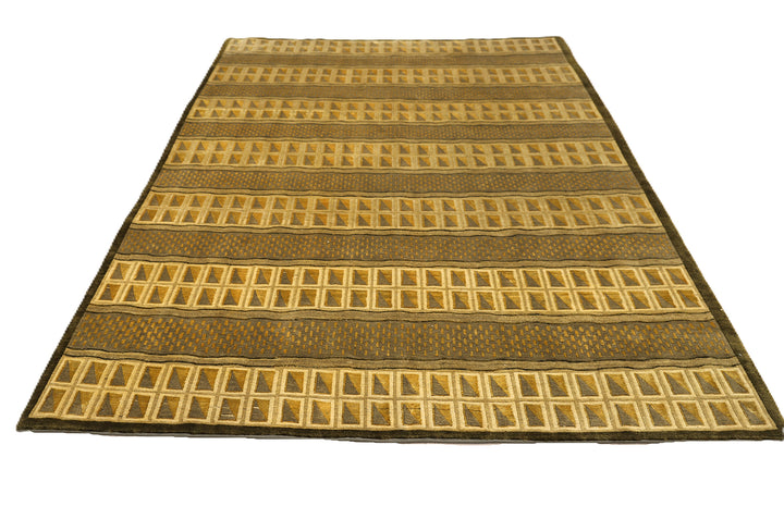 6'x9' Hand-Knotted Modern Tibetan Wool & Silk Carved Linear Rug | Gold & Green