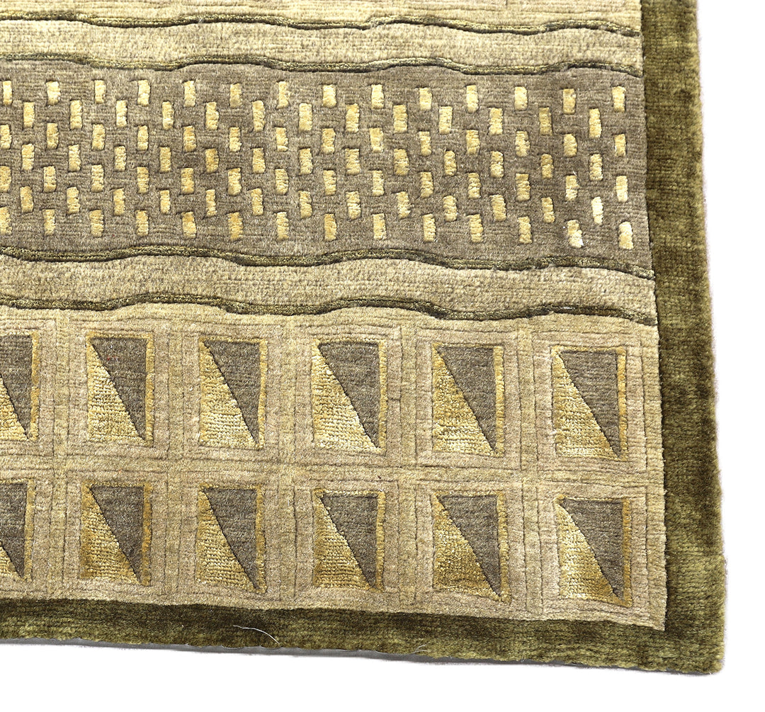 6'x9' Hand-Knotted Modern Tibetan Wool & Silk Carved Linear Rug | Gold & Green