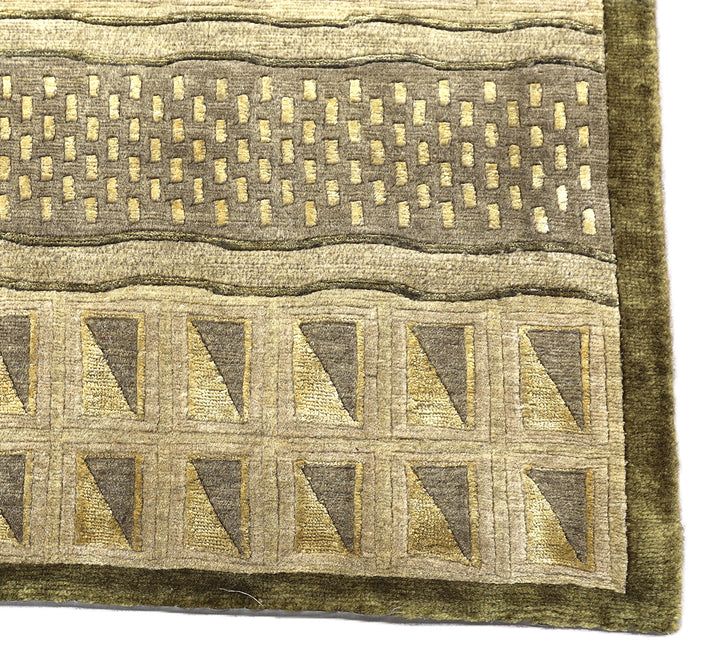 6'x9' Hand-Knotted Modern Tibetan Wool & Silk Carved Linear Rug | Gold & Green