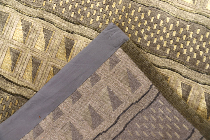 6'x9' Hand-Knotted Modern Tibetan Wool & Silk Carved Linear Rug | Gold & Green