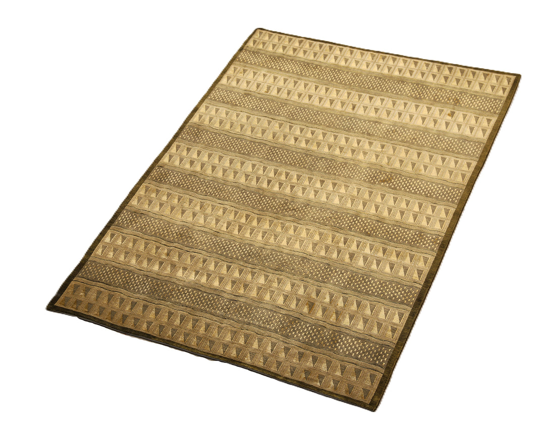 6'x9' Hand-Knotted Modern Tibetan Wool & Silk Carved Linear Rug | Gold & Green