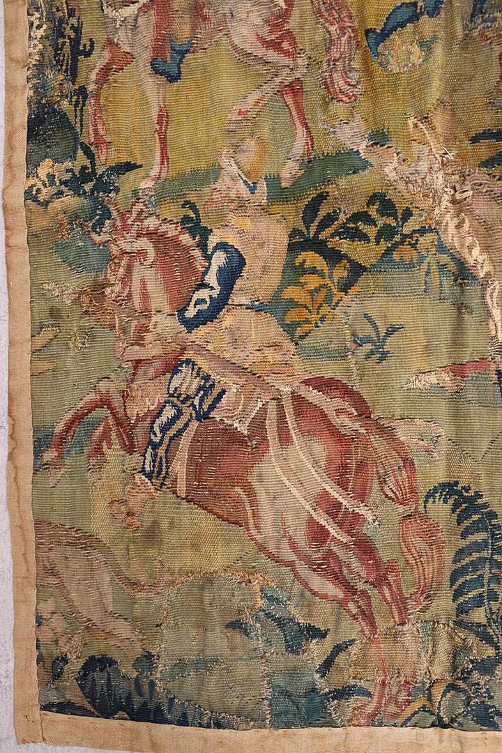 Late 17th Century French Tapestry Fragment | Equestrian Hunting Scene 3'x3'