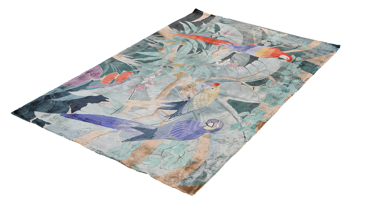 4'x6' Fine Silk Colorful Hand Knotted Pictorial Parots Design rug