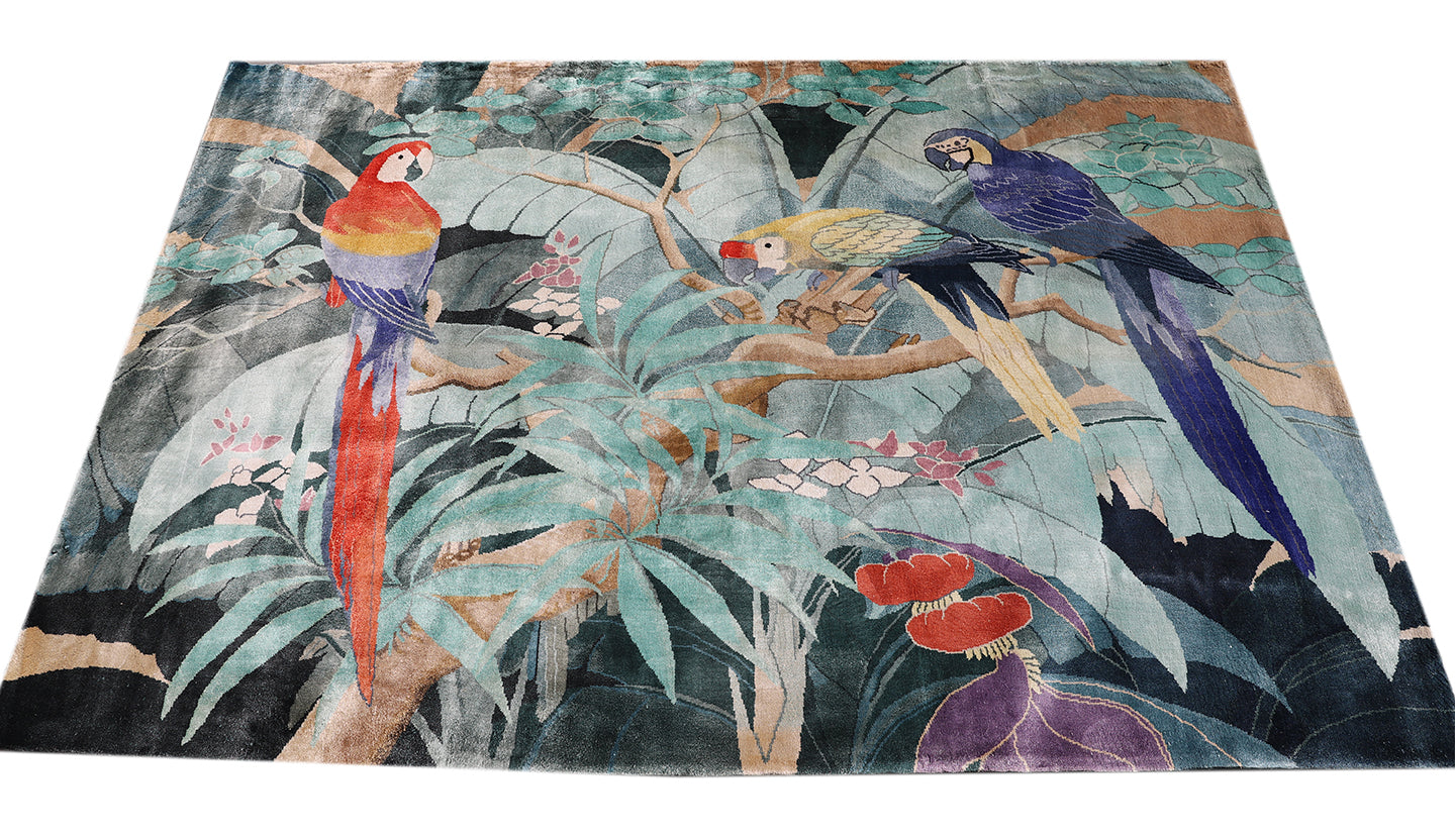 4'x6' Fine Silk Colorful Hand Knotted Pictorial Parots Design rug