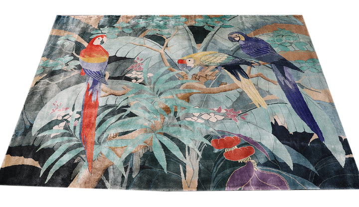 4'x6' Fine Silk Colorful Hand Knotted Pictorial Parots Design rug