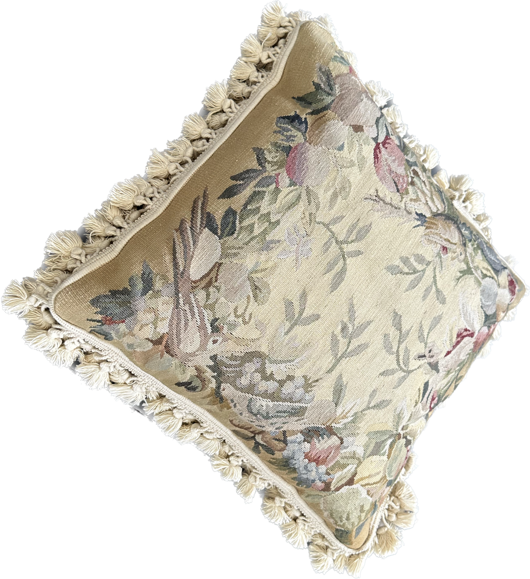 18"x18" French Aubusson Style Hand Woven Wool Pillowcase with Birds