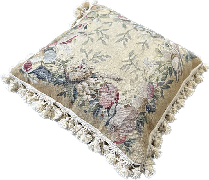 18"x18" French Aubusson Style Hand Woven Wool Pillowcase with Birds