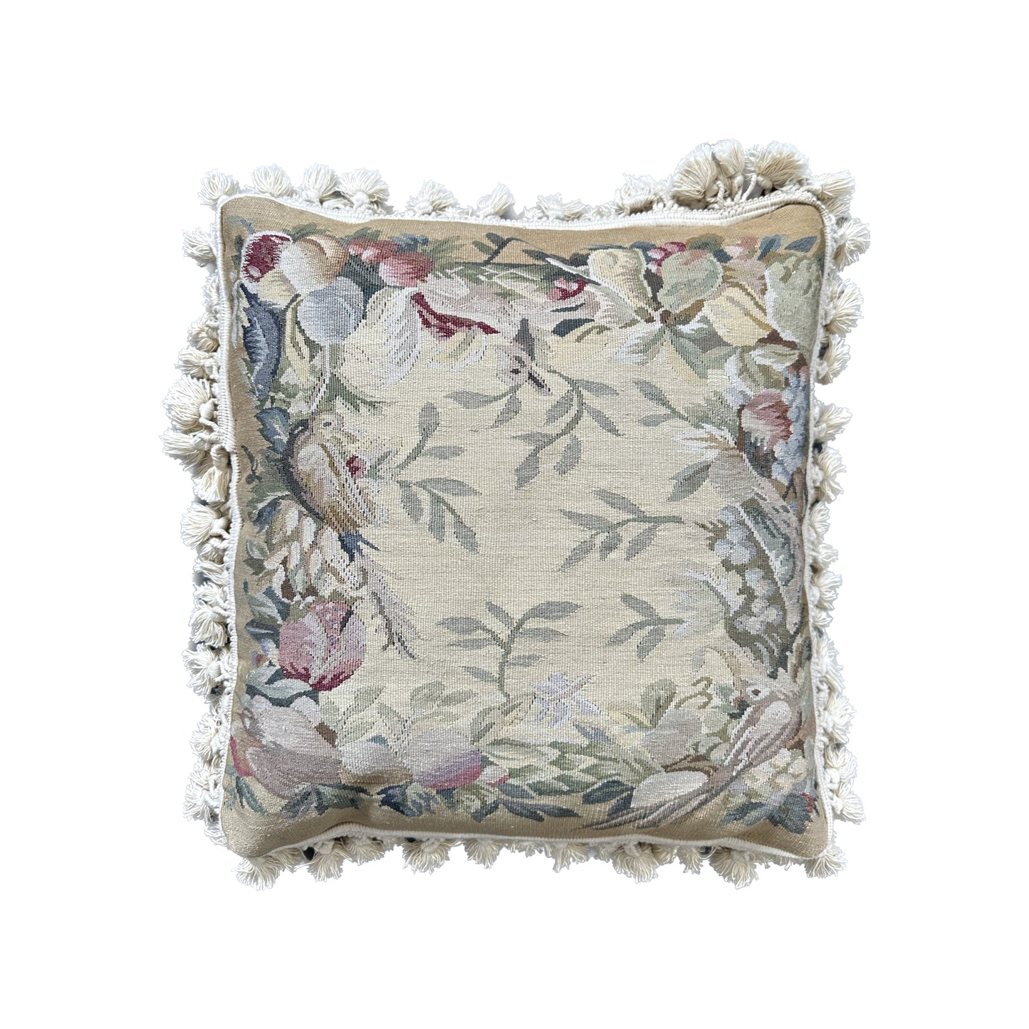 18"x18" French Aubusson Style Hand Woven Pillow with Birds