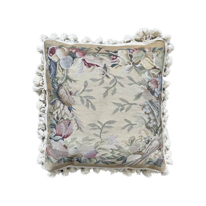 18"x18" French Aubusson Style Hand Woven Wool Pillowcase with Birds