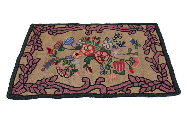 3'x5' Antique American Hooked Rug | Floral Small Area Rug