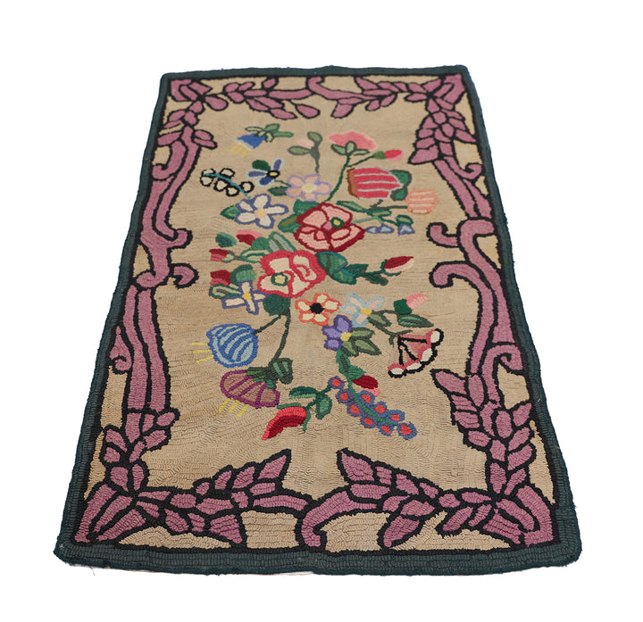 3'x5' Antique American Hooked Rug | Floral Small Area Rug