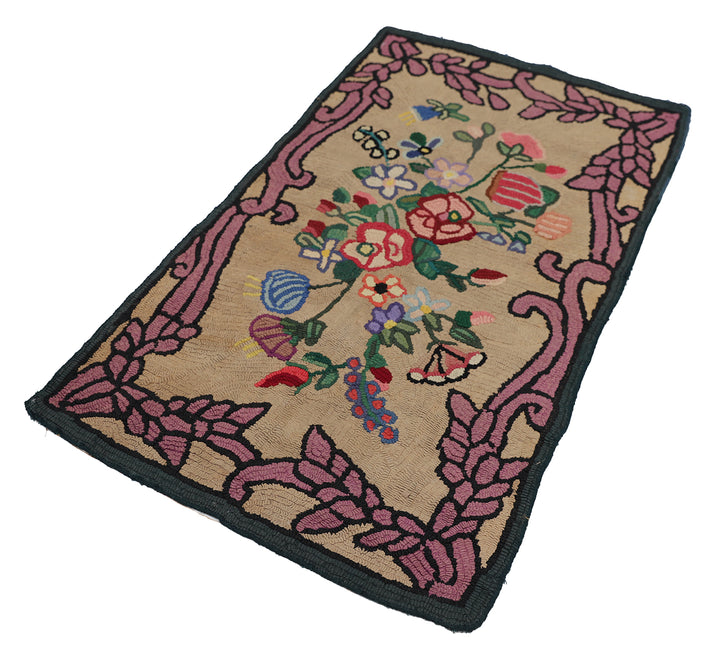 3'x5' Antique American Hooked Rug | Floral Small Area Rug