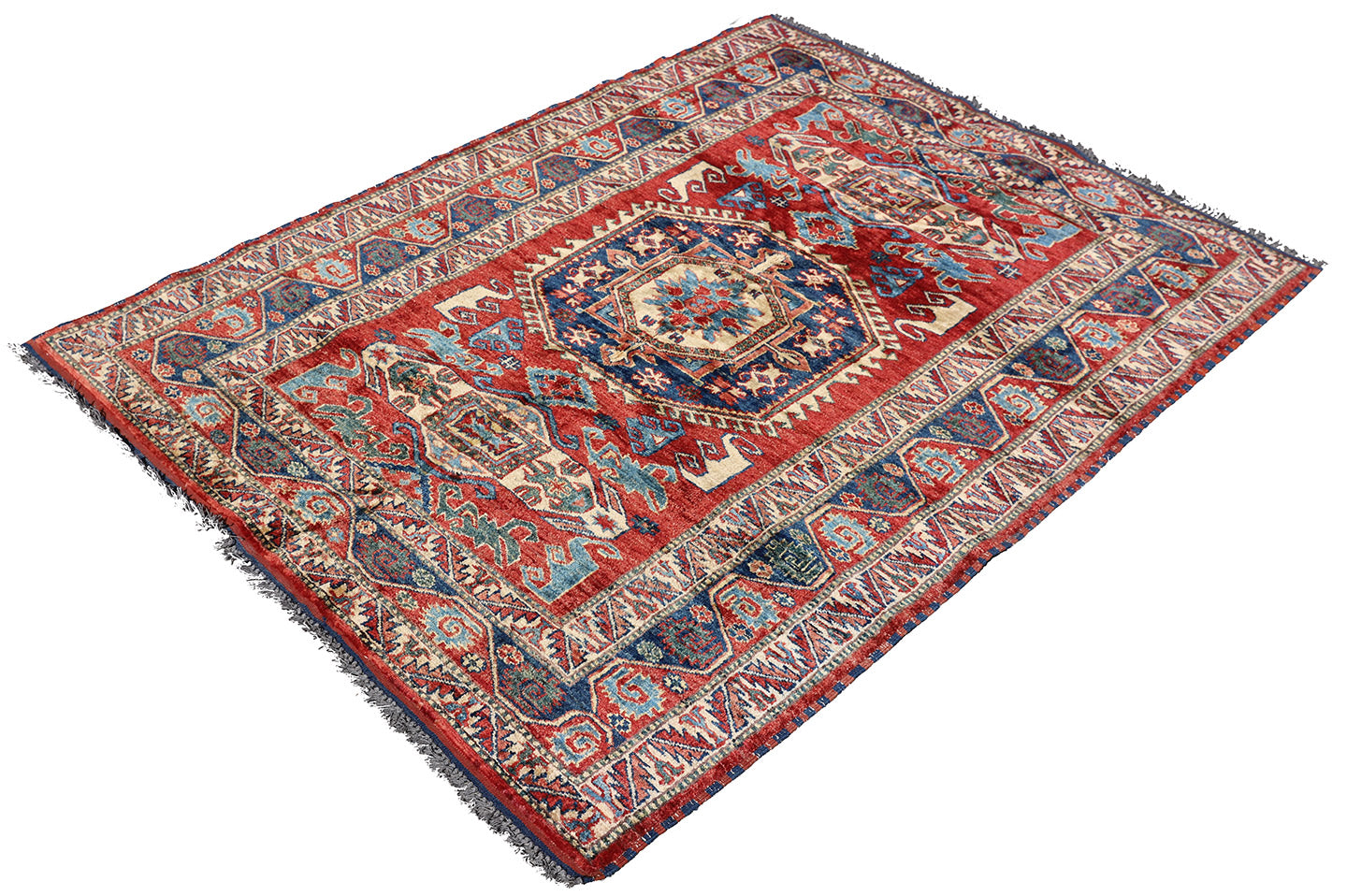 4'x6' Fine Wool Hand Knotted Red and Blue Geometric Caucasian Design Rug