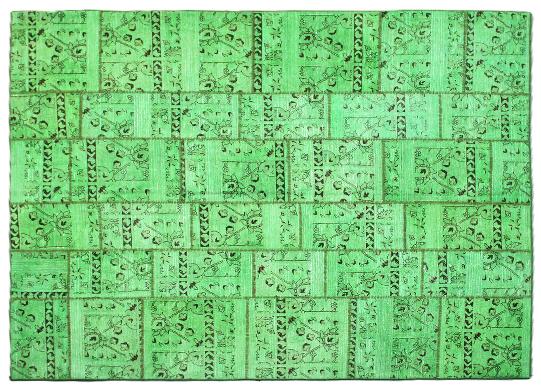 Green Wool Area Rug, 7x10 Area Rug, Patchwork Wool Rug, Overdyed Area Rug, Hand-Knotted Rug, Modern Vintage Rug, Green Patchwork Rug, Luxury Wool Rug, Vibrant Green Rug, Hand-Knotted Wool Rug